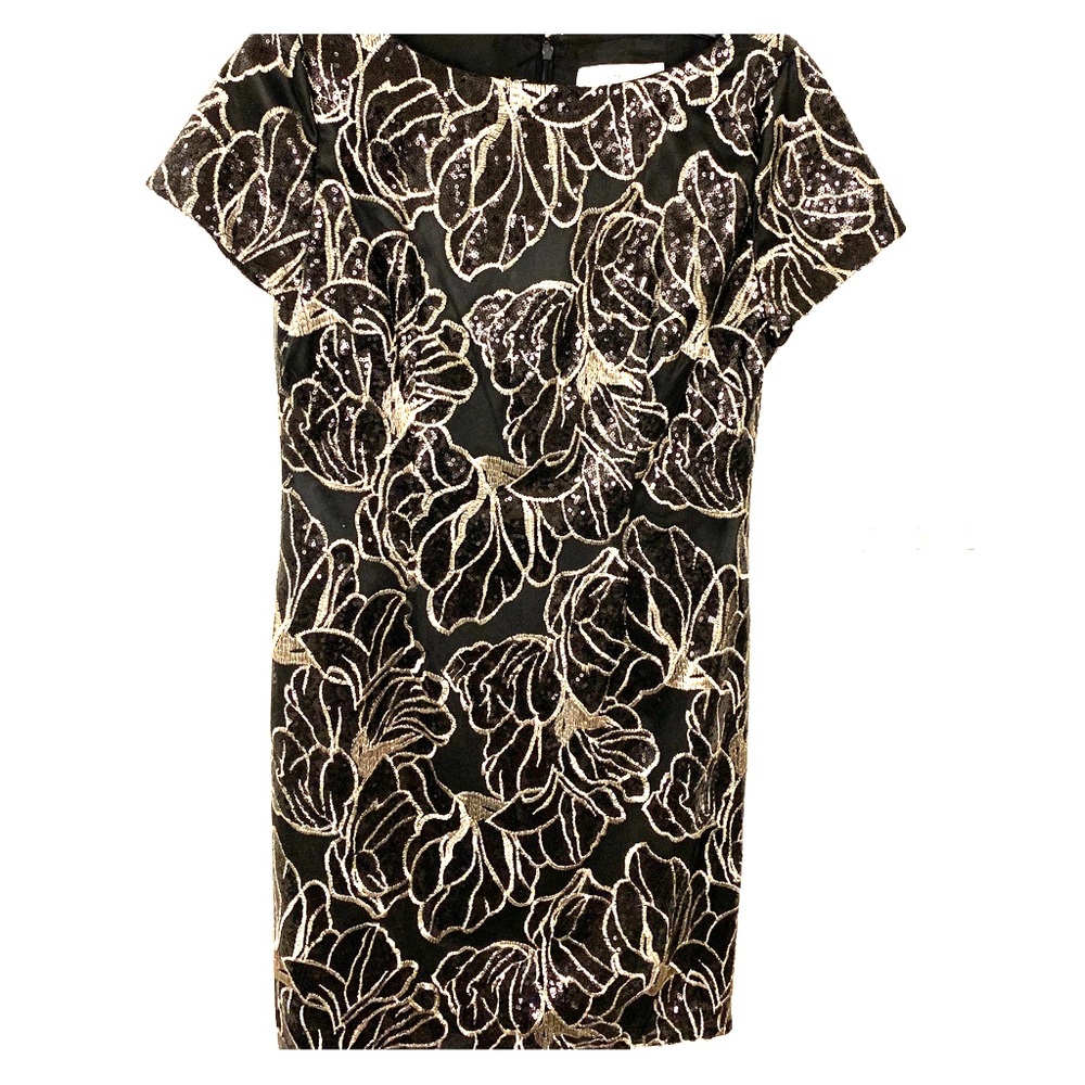 Black and champagne sequin cocktail dress